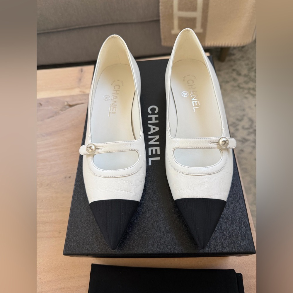 Chanel Shiny Lambskin Grosgrain Pearl Mary Janes Flats, Size 38